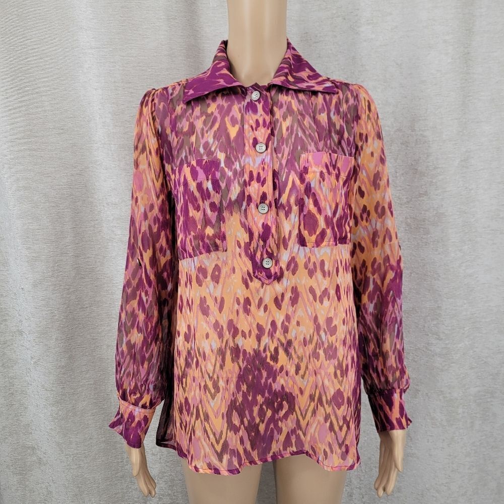 Hunter Dixon Women's Purple Coral and Pink Patterned Silk Chiffon SheerBlouse